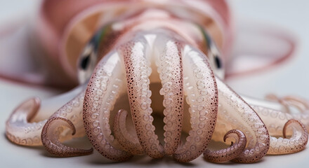 Fototapeta premium Detailed Examination Of An Exotic Raw Squid On A Light Background