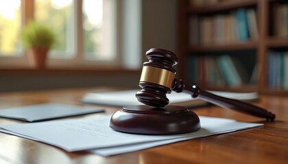 Gavel rests on legal documents. Law, justice theme. Court, legal system, judgment, legal proceedings. Wooden gavel on documents, legislation, contracts. Lawyer office setting. Concept of law,