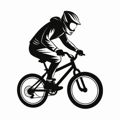 Obraz premium Silhouette of a cyclist wearing a helmet and riding a bicycle isolated on white background