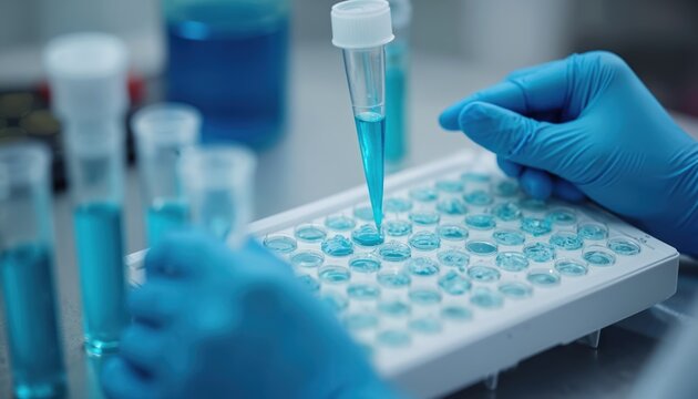 Scientist performs ELISA assay test, detecting antibodies, diagnosing disease. Laboratory experiment with medical samples, pipette, multiwell plate. Medical research analysis, healthcare - Powered by Adobe