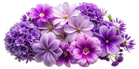 Assortment of purple and lavender flowers with delicate petals and detailed centers isolated on a transparent background