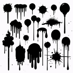 Collection of black dripping paint splatters and shapes isolated on white background