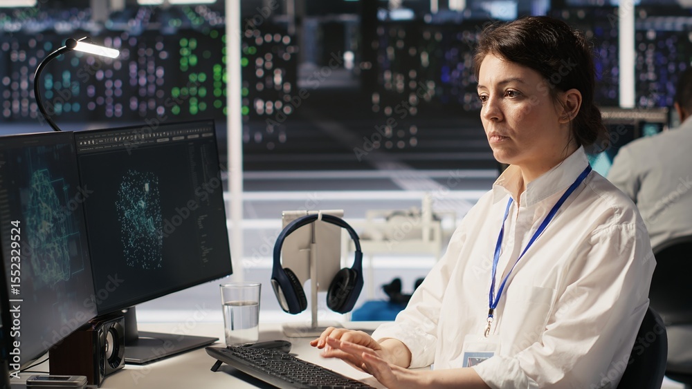 Poster data center technician monitors server rigs performing ai training and inference tasks. server hub i