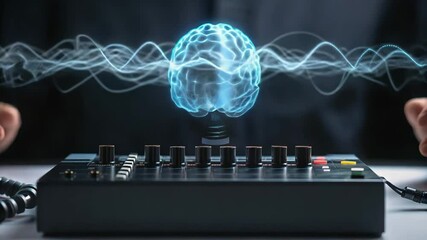 Scientist in lab conducts brain research with advanced technology, exploring sound waves and neural connections to enhance understanding. - Powered by Adobe