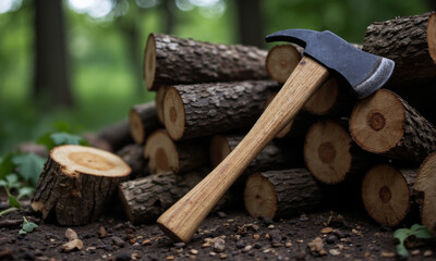 The Worn Wooden Handle of an Old Axe Leaning Against a Pile of Chopped Firewood