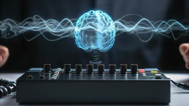Scientist in lab conducts brain research with advanced technology, exploring sound waves and neural connections to enhance understanding.