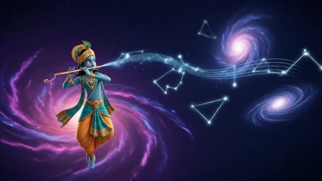 Cosmic visualization of the deity playing flute surrounded by galaxy and musical notes in space