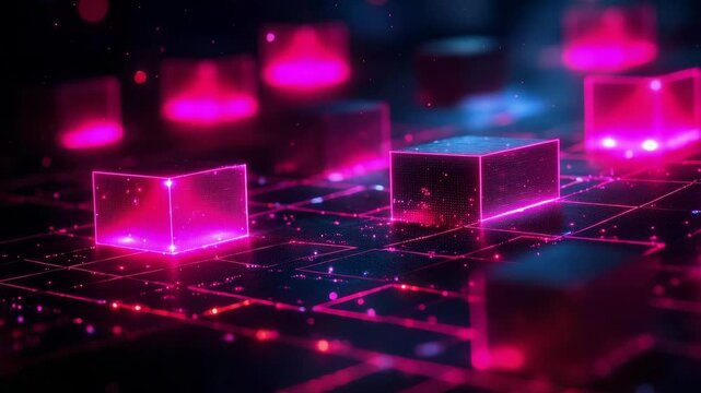 Cybernetic grid platform with vibrant magenta glowing computational data cubes