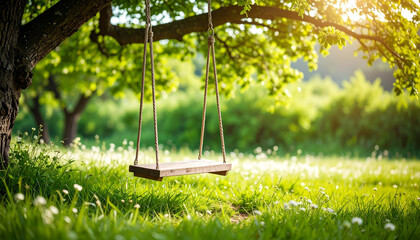 Weathered wooden swing hangs from tree, its chains gently swaying in breeze, surrounded by lush green grass and blooming flowers, evoking sense of nostalgia and tranquility