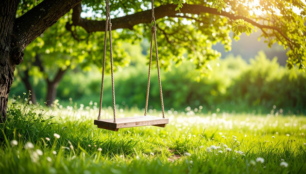 Weathered wooden swing hangs from tree, its chains gently swaying in breeze, surrounded by lush green grass and blooming flowers, evoking sense of nostalgia and tranquility