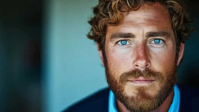 Engaging stare of a man with blue eyes, curly hair, and an earthy complexion