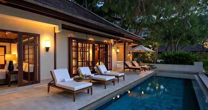 Luxury oceanfront villa at sunset featuring a private pool wooden furniture and warm interior lighting a tranquil tropical scene