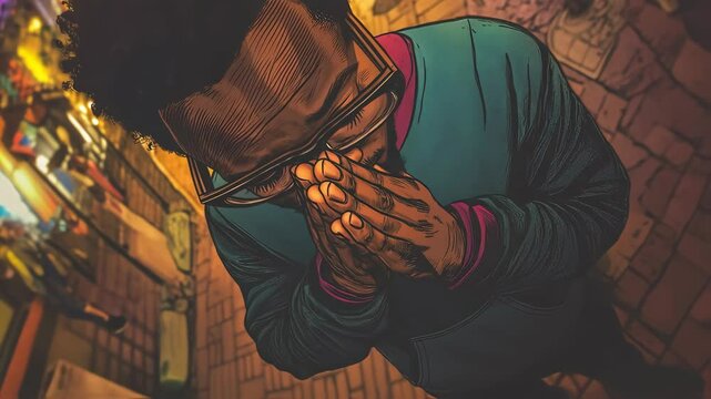 Black Man Praying in Church, Graphic Novel Style Animation