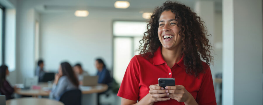Young smiling mexican community manager wearing red polo shirt in bright white office with colleagues in background. Woman holding phone, using mobile apps. Business communication, social media,
