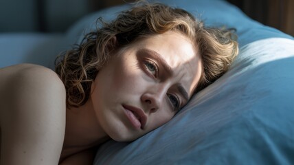 Fototapeta premium Young caucasian female resting on bed with thoughtful expression in soft light