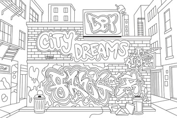 Obraz premium Urban alleyway scene, graffiti-covered buildings, city dreams. 
