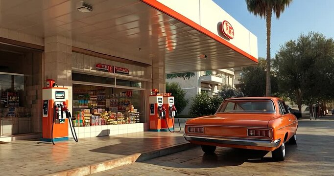 Retro gas station exterior with orange car parked in front in bright daylight. Storefront with variety of items on display under canopy