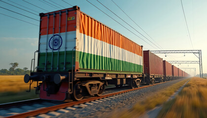 Freight train carries containers with India flag. Transport, export, logistics, import, economic development. Commercial trade, cargo transit, railroad transportation of goods.