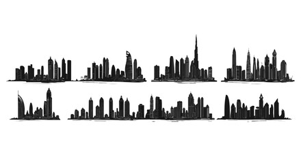 Naklejka premium Skyline silhouettes showcase different angles of cityscapes, featuring modern architecture and urban panoramas under a monochrome palette.