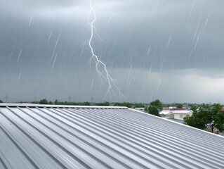 Heavy rain and lightning over the metal sheet roof, the metal roof is under heavy rain and lightning.
