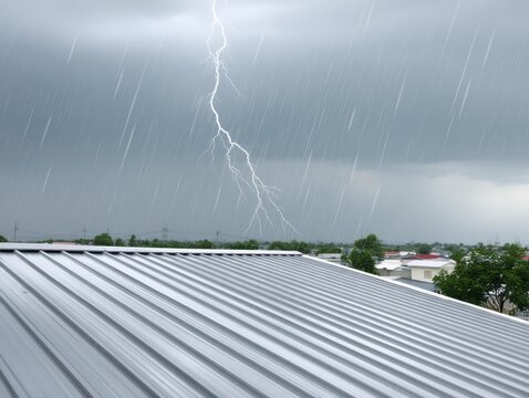 Heavy rain and lightning over the metal sheet roof, the metal roof is under heavy rain and lightning.