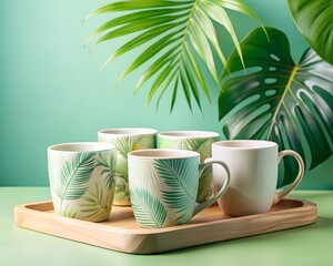 Set of patterned and plain mugs on wooden tray with tropical leaves
