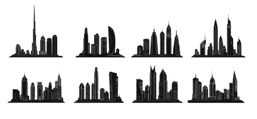 Fototapeta premium Eight black skyline sets showcase modern urban architectures against a white background, creating a graphic cityscape collection.