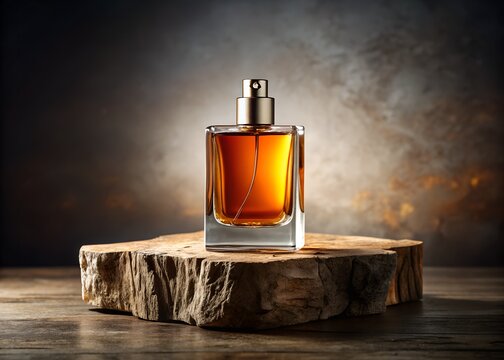 Amber perfume bottle on a wooden stand against a dark background
