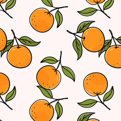 Vibrant seamless vector pattern with hand-drawn oranges and green leaves. Perfect for food packaging, kitchen decor, fresh produce themes, and summer backgrounds.
