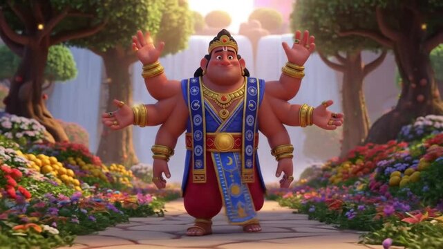 Animated depiction of a multi-armed deity walking through a vibrant flower garden with a serene waterfall background