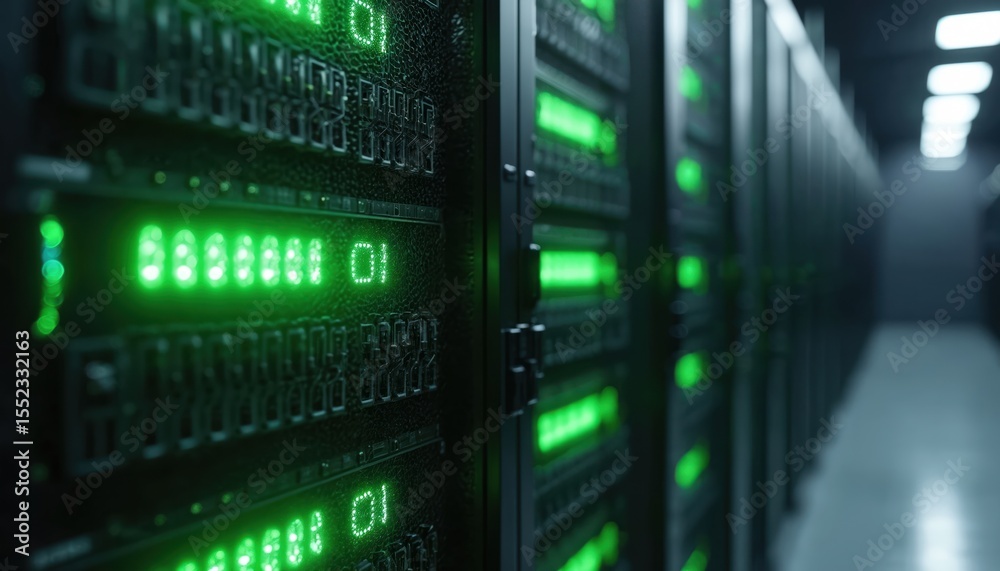 Aufkleber Row of servers data center. Green lights shows servers on. Digital computing infrastructure, servers rack. Connectivity, connection, network, cyberspace, processing, storage, information, bandwidth,