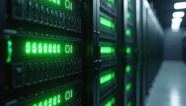 Row of servers data center. Green lights shows servers on. Digital computing infrastructure, servers rack. Connectivity, connection, network, cyberspace, processing, storage, information, bandwidth,
