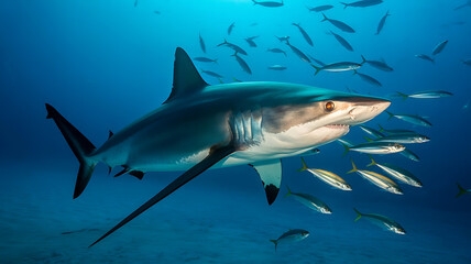 Fototapeta premium Powerful shark surrounded by schooling fish. 