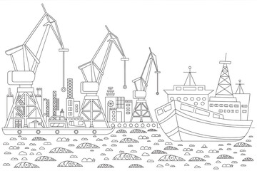 Harbor cranes and ships, a city skyline, industrial scene.
