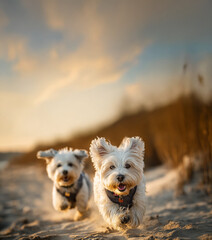 dog on the beach, West highland white terrier, Maltese breed, with harness on, joyful morning walk on the beach