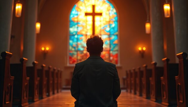 Man kneels church, facing illuminated cross stained glass window. Warm golden light creates serene spiritual ambiance. Faith worship, devotion in solitude, peace, prayer. Religious themes, hope,