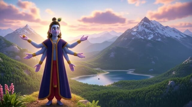 Animated depiction of a multi-armed deity standing in front of a majestic mountain lake scenery during sunset