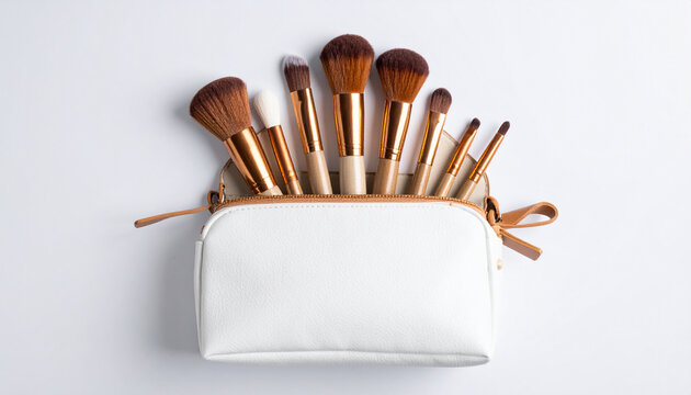 Pristine white cosmetic bag with luxurious tan leather handles is open, showcasing array of makeup brushes with golden accents, perfect for beauty enthusiasts