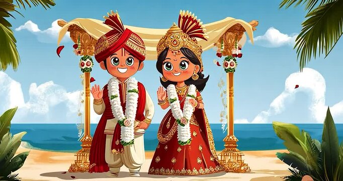 Animated video frame of an indian wedding couple standing at a beach wearing traditional red and gold outfits with flower garlands under a decorated canopy with a beach and cloudy sky in the