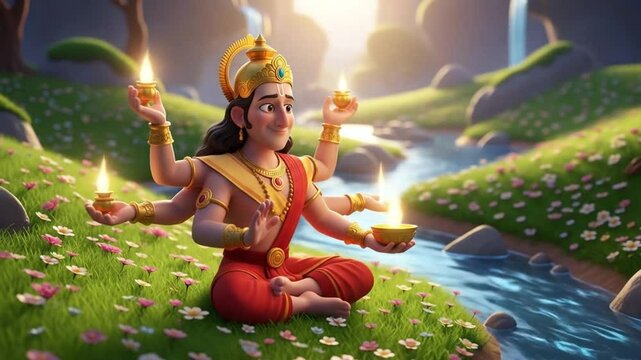 Animated hindu deity with multiple arms sitting peacefully by a river surrounded by flowers and greenery in a serene landscape