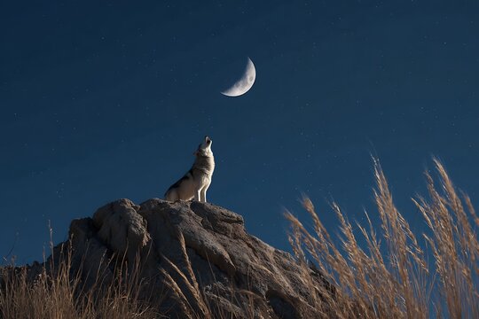 A lone wolf howls beneath a crescent moon, standing atop a rocky outcrop. Stars scatter across the deep blue sky, and the wind blows gently through tall grass behind it - Powered by Adobe