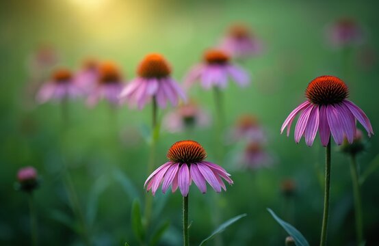 Purple coneflowers echinacea bloom in field. Bright pink petals, orange cone centers. Medicinal plant. Beautiful meadow, green foliage, sunny day. Alternative medicine, gardening, horticulture.