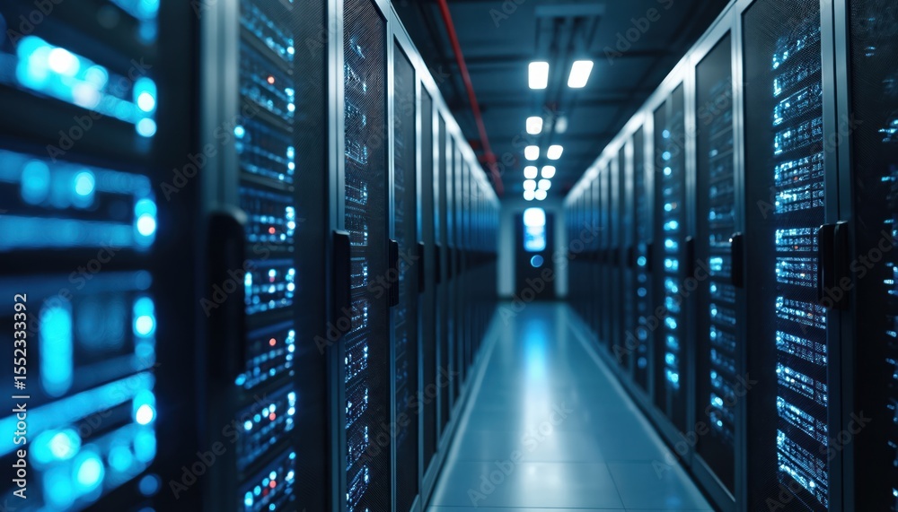 Aufkleber Modern data center servers racks with network equipment. Servers, data processing, information storage technology, digital network in server room. Innovation, cloud computing, big data,