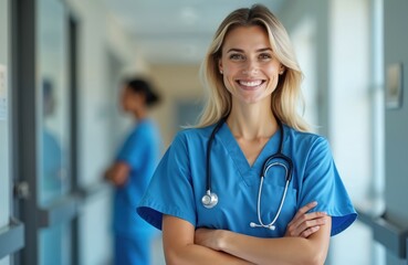 Smiling nurse stands arms crossed, wears blue scrubs, stethoscope in hospital. Healthcare worker, medical pro, working in clinic. Portrait of happy friendly staff member in medical environment.