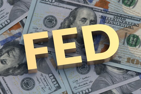 FED word on us dollar banknotes. Reform of the financial system. The federal reserve bank. Control interest rate. Curb inflation. Innovative investment strategy. The concept of economics. 3d render