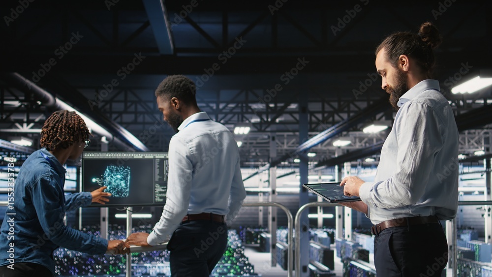 Poster programmers on data center industrial platform checking code on tablet, doing software updates. serv