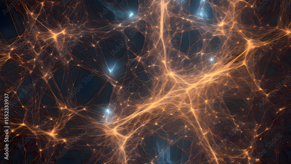 Poster computer generated digital network of glowing lights forming an abstract visual representation of da