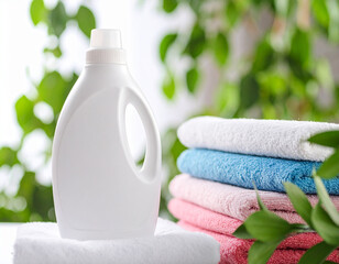 Pristine white detergent bottle with minimalist design stands prominently beside neatly stacked colorful towels, evoking sense of cleanliness and freshness in vibrant setting