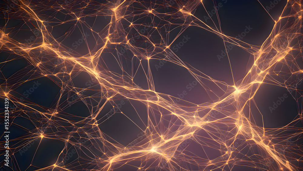 Poster abstract computer generated visualization of interconnected orange glowing lights forming a complex 