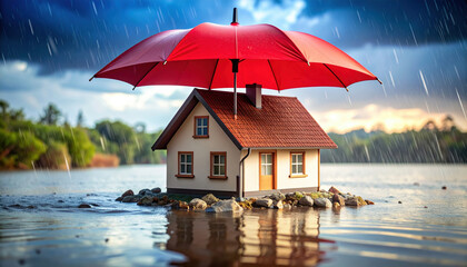 Quaint red umbrella shelters tiny home, its windows reflecting torrential rain, creating serene yet dramatic scene. surrounding water adds to atmosphere of tranquility